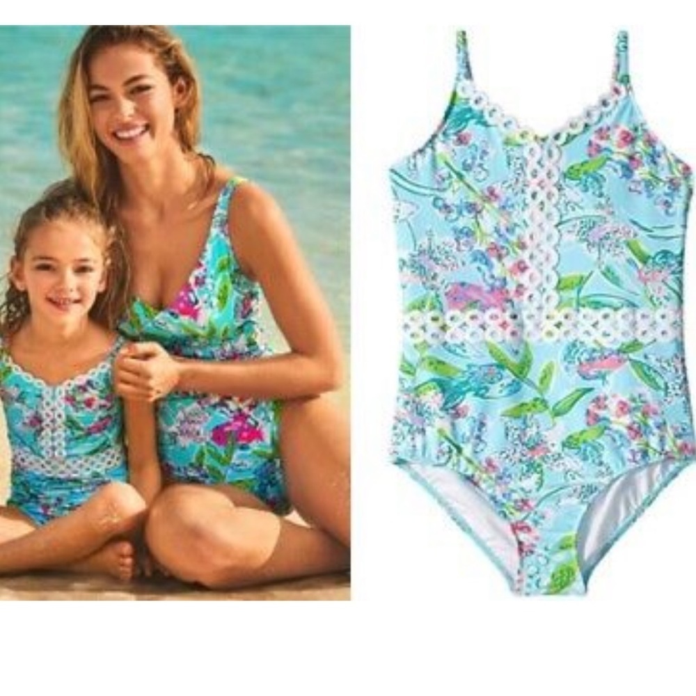 Lilly Pulitzer Girls UPF 50+ Mals Swimsuit size 14 Bali Blue Sway This Way NWT